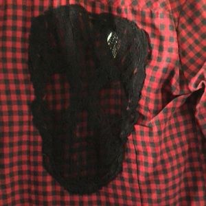 Skull lace peekaboo back Buffalo plaid flannel button down